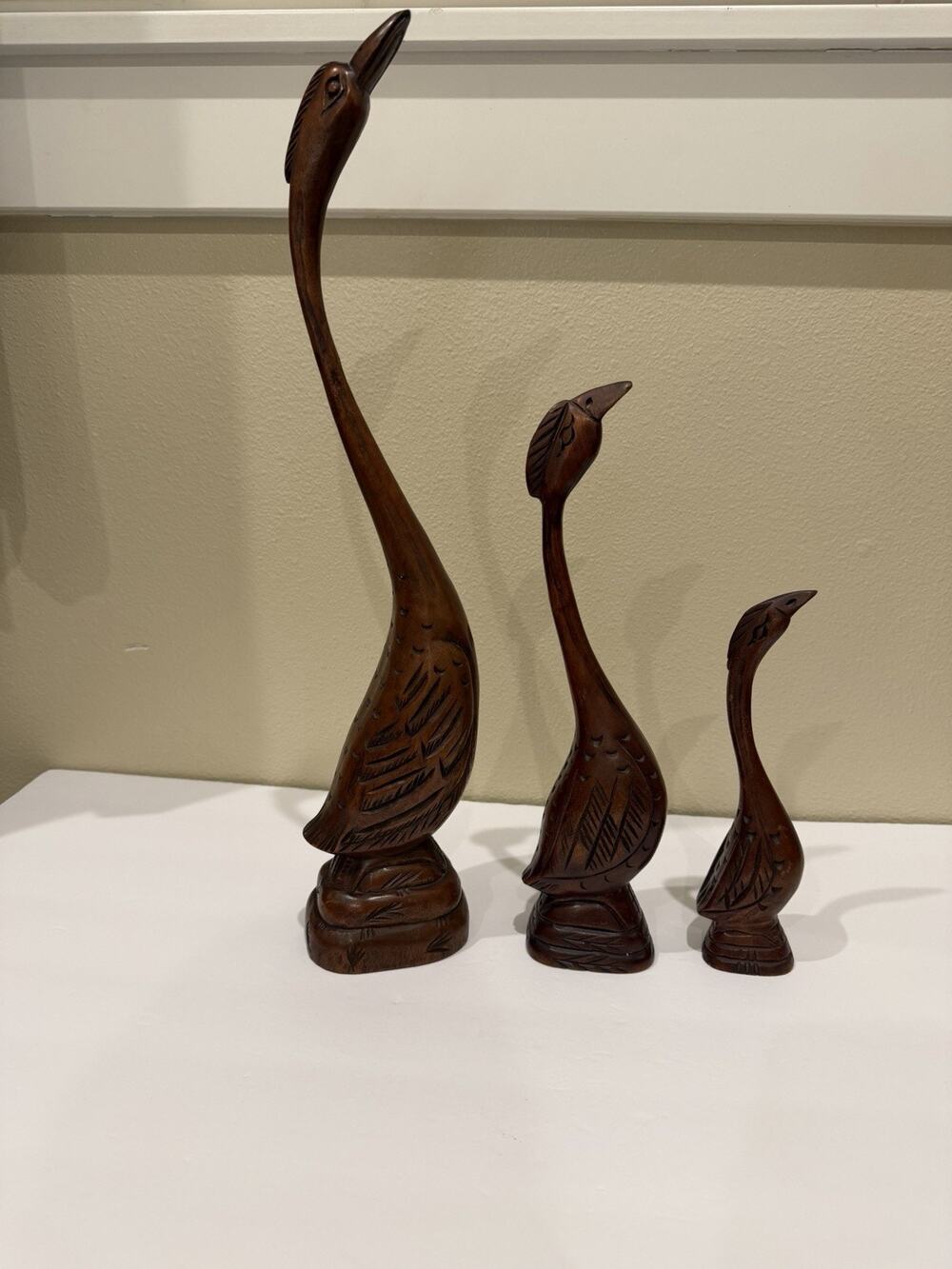 Vintage Hand Carved Wood Heron Crane Bird Figurines Set of 3 MCM Taiwan Decor
